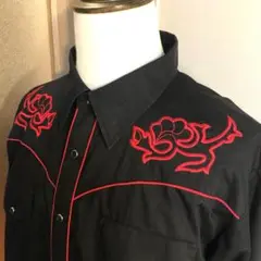 メンズ【美品 カナダ MWG】黒赤 2XL 刺繍 ウエスタンシャツ スナップ釦