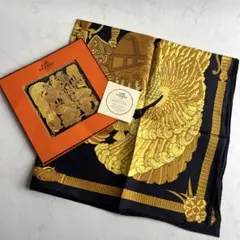 エルメス カレ90 四季の祭典 スカーフ シルク ネイビー×オレンジ