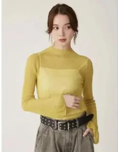 【Lilly brown】シアーリブニットトップス (ライム)