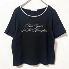 ◉NICE CLAUP　クロップド丈リブ半袖ニット　ロゴ入り　黒　Uネック　F