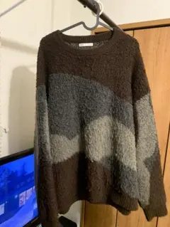 【美品】ZARA ザラ 総柄 切り替え ニット セーター ブラウン グレー Lのサムネイル