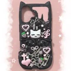 iPhone17 ケース デコ電 地雷系 量産型 埋めつくし 現品 黒ピンク57