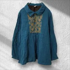 【ネネ】根々 刺繍ブラウス コットン100% ブルー 長袖カットソー フレア 襟