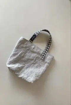 リネン　ミニバッグ　ハトメ（裏地付き）ギンガムチェック　ハンドメイド