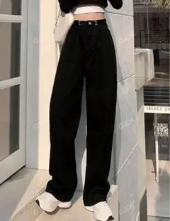 ブラックデニムワイドパンツshein