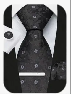 HISDERNフォーマル ネクタイ チーフ タイピン カフスボタン 4点セット