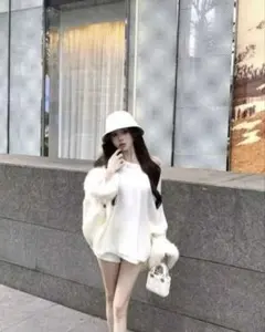 ワンホン ファー付き ニット トップス