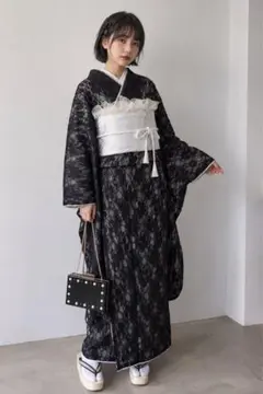 成人式 振り袖フルセットモノトーン 三角柄 振袖 着物 レトロモダン 大正ロマン 式着物振袖 成人式 振袖 レース 振袖 レース振袖 成人式 和服 和装