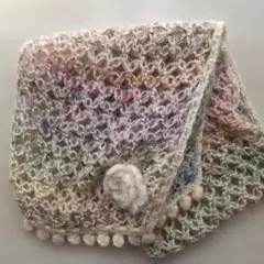 カ*ン様 多色編み物マフラー 花モチーフ付き