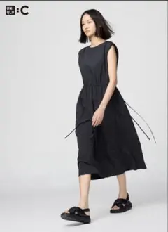 【再値下げ】UNIQLO C ギャザー ワンピース ノースリーブ ブラック S