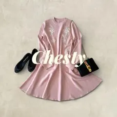 【美品✨】Chesty 完売品 フラワーリーフ刺繍ニットワンピース ピンク