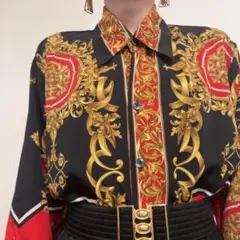 ブラック系 スカーフ柄 総柄 ヴィンテージ 柄シャツ オーバーサイズ 古着のサムネイル
