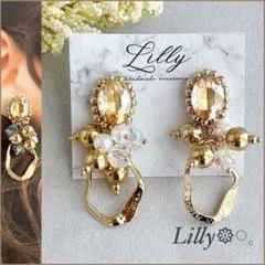 #887 大ぶり/ビーズ刺繍/ゴールド/パール/ハンドメイド/フープピアス