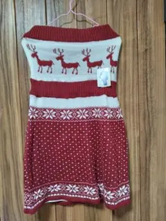 冬柄 赤ベアトップ ニットミニワンピース