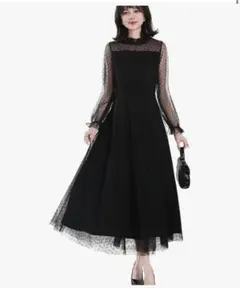 ドット柄チュールブラックマキシドレス