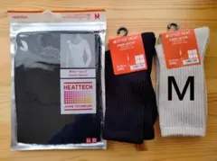 ユニクロ＆GU３点 ヒートテックUネックＴ＆ヒートスタイル靴下 M ブラック