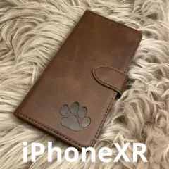 iPhoneXR 手帳型スマホケース　レザー　茶　肉球　犬猫　足あと　シンプル