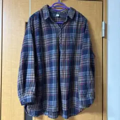 ネイビー系チェック柄長袖シャツ　4L