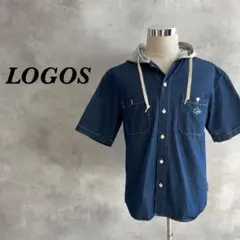 【極美品】LOGOS デニムシャツ 半袖 フード 刺繍ロゴ ネイビー M 93のサムネイル
