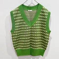 GU【M】ジャカードニットベスト 千鳥格子柄 レイヤード グリーン