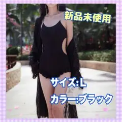 【Teddyshop】ラインストーンフリルオールインワンモノキニ　Ｌ　ブラック