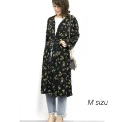 美品　花柄　カーディガン　シャツワンピース　春夏　長袖　黒　リボン付　M シアー