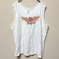 ホワイトスタッグ タンクトップ ラウンドネック 花柄刺繍 XL 白 綿 ゆったり