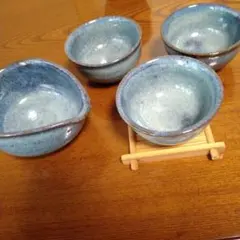 梵天窯☆ 湯呑み 3客 湯冷ましセット 陶器 青釉 和食器