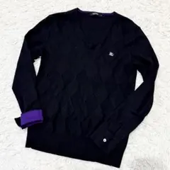 バーバリーブラックレーベル　セーター　Vネック　薄手　ブラック　アーガイル　L