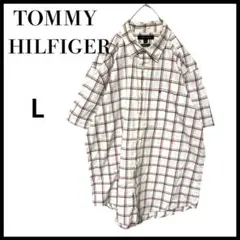 TOMMYHILFIGERトミーヒルフィガー刺繍ロゴチェック柄半袖シャツL白