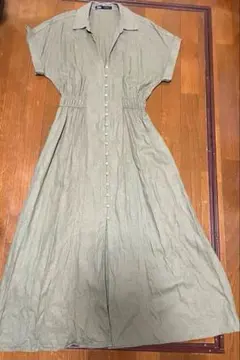ZARA リネンブレンド シャツワンピース ロング カーキ M