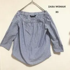 ZARA WOMAN ストライプ オフショル風 ブラウス XS 七分袖 ブルー