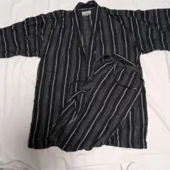 甚平 Mサイズ 黒と青のストライプ 上下セット 綿100%