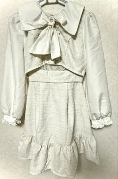 襟付きリボンツイードワンピース ホワイト 長袖 フリル 清楚系 量産型 春服
