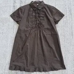 ユニクロ　UNIQLO　フリルブラウス　半袖　シャツ　茶色　M　キレイ目