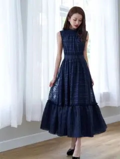 美品　エミリアウィズ　シアーチェックギャザーワンピース　ネイビー　S 美品 エミリアウィズ シアーチェックギャザーワンピース ネイビー S