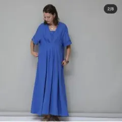 【カデュネ】Vネックロングワンピース 半袖 ポケット付き ネイビー