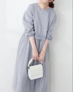 NaturalCouture異素材ドッキングチュールワンピース 水色