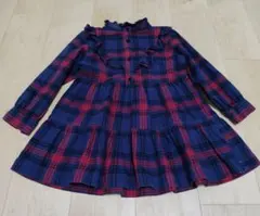 プチバトー チェック柄 長袖ワンピース フリルネック （6ans/116cm）