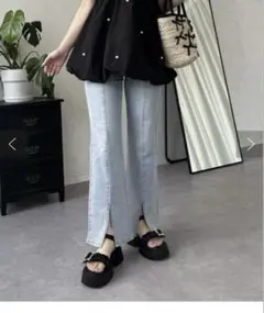 センタースリットストレッチフレアパンツ