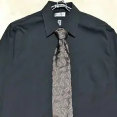 【ネクタイシャツ】 長袖　黒　L 　無地　シルク　ネクタイ　茶　ペイズリー　L