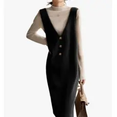 ワンピース ロングワンピース Vネック ノースリーブ 黒 ニットワンピース