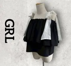 GRL オフショルダー 配色リボンブラウス 半袖ブラウス (F) ブラック