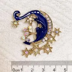 ブルー 月 フェイス 星 ゴールド ラインストーン ブローチ ピンブローチ