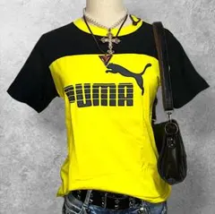 PUMA黄黒ロゴTシャツ平成ギャルY2KスポーツMIXブロークコアストリート古着