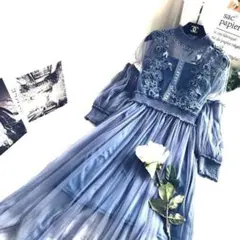 ワンピース　ブルー　フリーサイズ　レース　刺繍　長袖　エレガント　【1309】