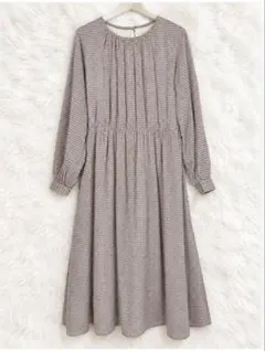 千鳥格子 ロングワンピース 長袖 ギャザー フレア ベージュ ブラウン M