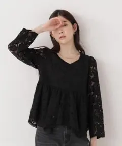 美品　PROPORTION プロポーション　レースペプラス　ブラウス　ブラックのサムネイル