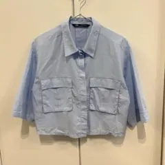 ZARA ザラ クロップドシャツ　半袖　ライトブルー Mのサムネイル