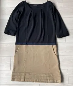 美品　グリーンレーベルリラクシング　膝丈ワンピース　七分袖ワンピース　バイカラー
